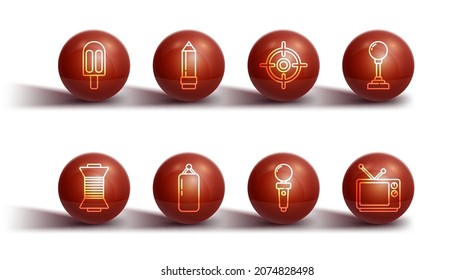 Set line Ice cream, Sewing thread on spool, Joystick for arcade machine, Punching bag, Pencil with eraser, Retro tv and Target sport icon. Vector
