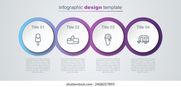 Set line Ice cream, Shark fin in ocean wave, waffle cone and Rv Camping trailer. Business infographic template. Vector