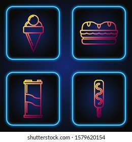 Set line Ice cream, Soda can, Ice cream in waffle cone and Sandwich. Gradient color icons. Vector