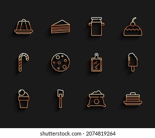 Set line Ice cream, Spatula, Pudding custard, Bag of flour, Stack pancakes, Cookie or biscuit,  and Cutting board icon. Vector