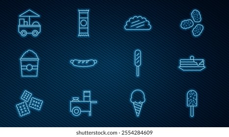 Set line Ice cream, Stack of pancakes, Taco with tortilla, Hotdog sandwich, Popcorn in box, Fast street food cart, Corn and Chocolate bar icon. Vector