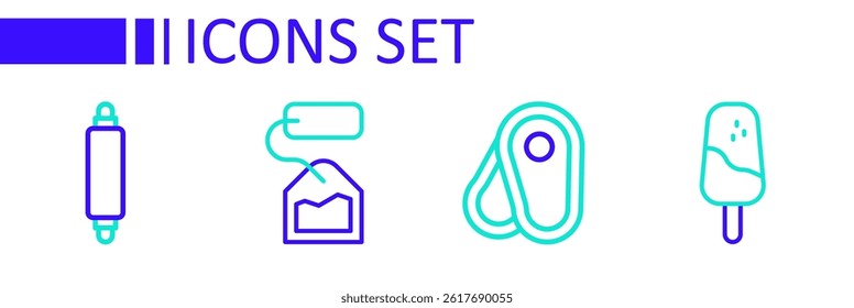 Set line Ice cream, Steak meat, Tea bag and Rolling pin icon. Vector