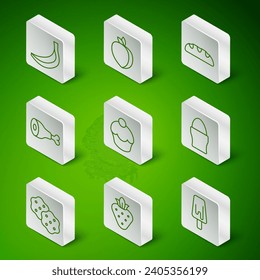 Set line Ice cream, Strawberry, Banana, Muffin, Chicken leg, Plum fruit, Cracker biscuit and egg on stand icon. Vector