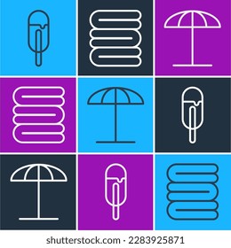 Set line Ice cream, Sun protective umbrella for beach and Towel stack icon. Vector