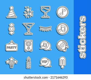 Set line Ice cream, Vinyl disk, Music note, tone, Cocktail, Candy, Party hat and Carnival garland with flags icon. Vector
