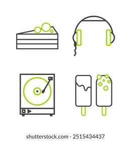 Set line Ice cream, Vinyl player with vinyl disk, Headphones and Cake icon. Vector