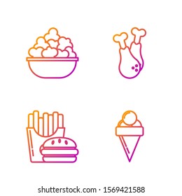 Set line Ice cream in waffle cone, Burger and french fries in carton package box, Popcorn in bowl and Chicken leg. Gradient color icons. Vector