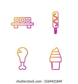 Set line Ice cream in waffle cone, Chicken leg, Sushi on cutting board and Ice cream. Gradient color icons. Vector