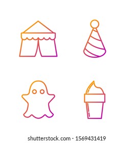 Set line Ice cream in waffle cone, Ghost, Circus tent and Party hat. Gradient color icons. Vector