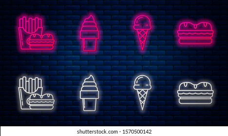 Set line Ice cream in waffle cone, Ice cream in waffle cone, Burger and french fries in carton package box and Sandwich. Glowing neon icon on brick wall. Vector