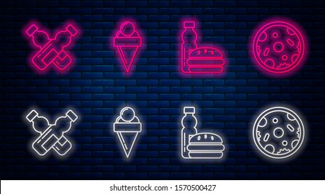 Set line Ice cream in waffle cone, Bottle of water and burger, Crossed bottle of water and Pizza. Glowing neon icon on brick wall. Vector