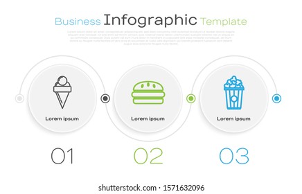 Set line Ice cream in waffle cone, Burger and Popcorn in cardboard box. Business infographic template. Vector