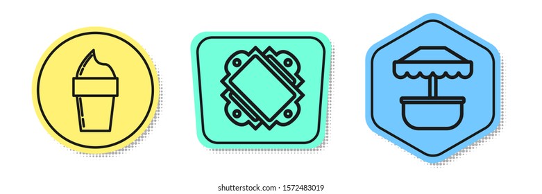 Set line Ice cream in waffle cone, Ticket and Attraction carousel. Colored shapes. Vector
