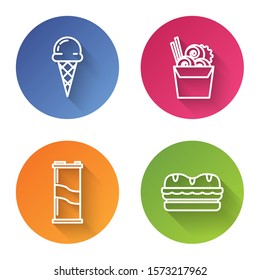 Set line Ice cream in waffle cone, Asian noodles in paper box and chopsticks, Soda can and Sandwich. Color circle button. Vector