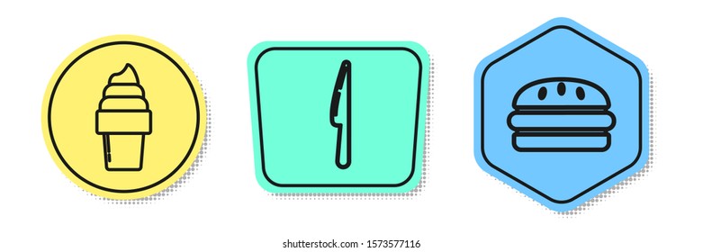 Set line Ice cream in waffle cone, Knife and Burger. Colored shapes. Vector
