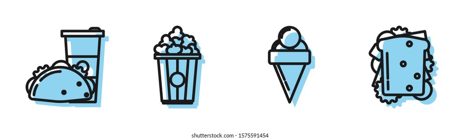 Set line Ice cream in waffle cone, Paper glass and taco with tortilla, Popcorn in cardboard box and Sandwich icon. Vector