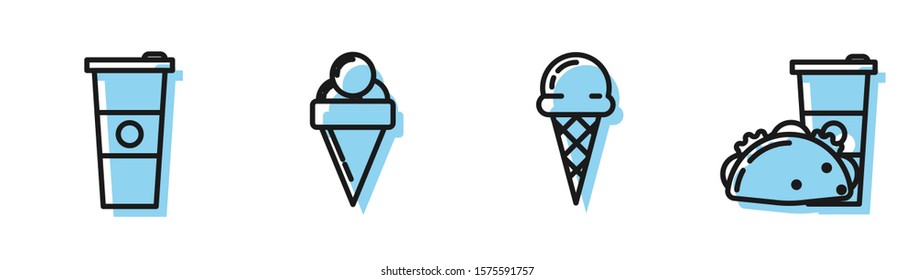 Set line Ice cream in waffle cone, Paper glass and water, Ice cream in waffle cone and Paper glass and taco with tortilla icon. Vector