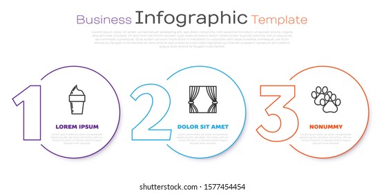Set line Ice cream in waffle cone, Curtain and Paw print. Business infographic template. Vector