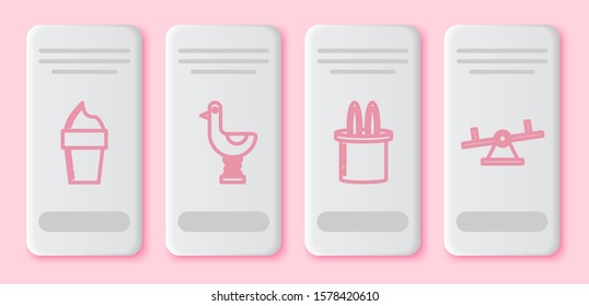 Set line Ice cream in waffle cone, Riding kid duck, Magician hat and rabbit ears and Seesaw. White rectangle button. Vector