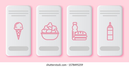 Set line Ice cream in waffle cone, Popcorn in bowl, Bottle of water and burger and Sauce bottle. White rectangle button. Vector
