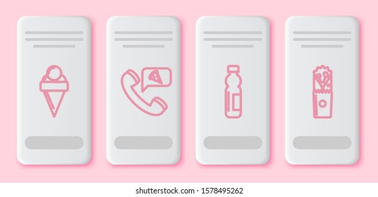 Set line Ice cream in waffle cone, Food ordering pizza, Bottle of water and Doner kebab. White rectangle button. Vector