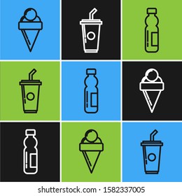 Set line Ice cream in waffle cone, Bottle of water and Paper glass with drinking straw and water icon. Vector