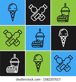 Set line Ice cream in waffle cone, Paper glass with drinking straw and burger and Crossed bottle of water icon. Vector