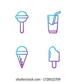 Set line Ice cream, Ice cream in waffle cone, Lollipop and Cocktail and alcohol drink. Gradient color icons. Vector