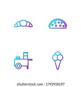 Set line Ice cream in waffle cone, Fast street food cart, Croissant and Taco with tortilla. Gradient color icons. Vector