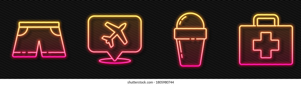Set line Ice cream in waffle cone, Swimming trunks, Speech bubble with airplane and First aid kit. Glowing neon icon. Vector