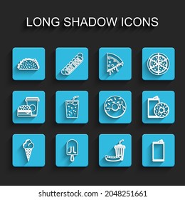 Set line Ice cream in waffle cone, Taco with tortilla, Soda and hotdog, Aluminum can, Glass water, soda donut and Donut icon. Vector