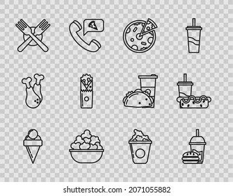 Set line Ice cream in waffle cone, Paper glass with drinking straw and burger, Pizza, Popcorn bowl, Crossed fork, Doner kebab, cardboard box and hotdog icon. Vector