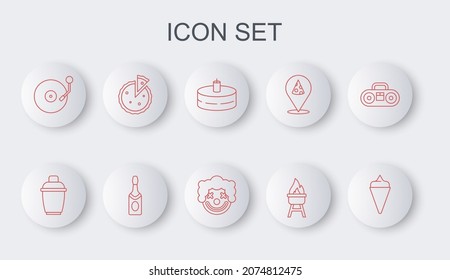 Set line Ice cream in waffle cone, Cocktail shaker, Cake with burning candles, Barbecue grill, Vinyl player disk, Homemade pie, Champagne bottle and Clown head icon. Vector