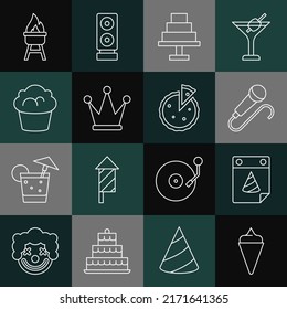 Set line Ice cream in waffle cone, Calendar party, Microphone, Cake, Crown, Muffin, Barbecue grill and Homemade pie icon. Vector