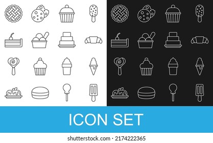 Set line Ice cream, in waffle cone, Croissant, Cake, bowl, Cherry cheesecake, Homemade pie and  icon. Vector