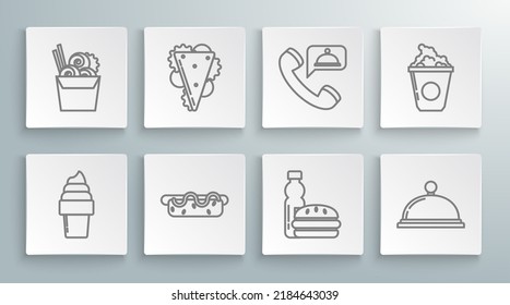 Set line Ice cream in waffle cone, Hotdog sandwich with mustard, Bottle of water burger, Covered tray food, Food ordering, Popcorn cardboard box and Asian noodles paper chopsticks icon. Vector