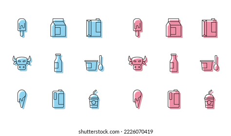 Set line Ice cream in waffle cone, Milk plastic bottle, Milkshake, Bottle with milk, Yogurt container spoon, Cow head and Paper package for icon. Vector