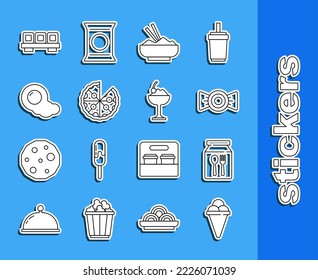 Set line Ice cream in waffle cone, Online ordering and delivery, Candy, Rice bowl with chopstick, Pizza, Scrambled eggs, Sushi cutting board and  icon. Vector