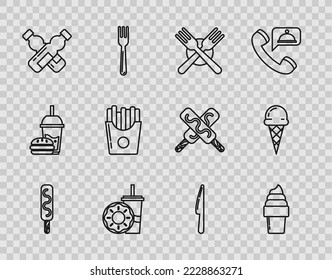 Set line Ice cream, in waffle cone, Crossed fork, Paper glass with drinking straw and donut, bottle of water, Potatoes french fries carton package box, Knife and  icon. Vector
