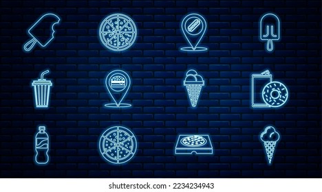 Set line Ice cream in waffle cone, Aluminum can soda and donut, Location with hotdog, burger, Glass water,  and Pizza icon. Vector