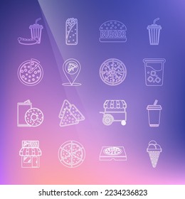 Set line Ice cream in waffle cone, Glass with water, Burger, Location slice pizza, Pizza, Soda and hotdog and  icon. Vector