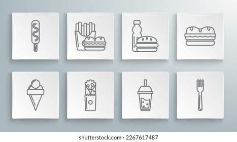 Set line Ice cream in waffle cone, Burger and french fries carton package box, Doner kebab, Glass of lemonade with drinking straw, Fork, Bottle water burger, Sandwich and  icon. Vector