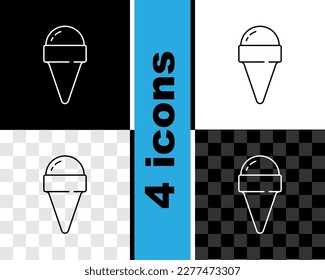 Set line Ice cream in waffle cone icon isolated on black and white, transparent background. Sweet symbol.  Vector