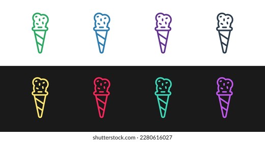 Set line Ice cream in waffle cone icon isolated on black and white background. Sweet symbol.  Vector