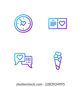 Set line Ice cream in waffle cone, Heart speech bubble, Clock with heart and Valentines day party flyer. Gradient color icons. Vector