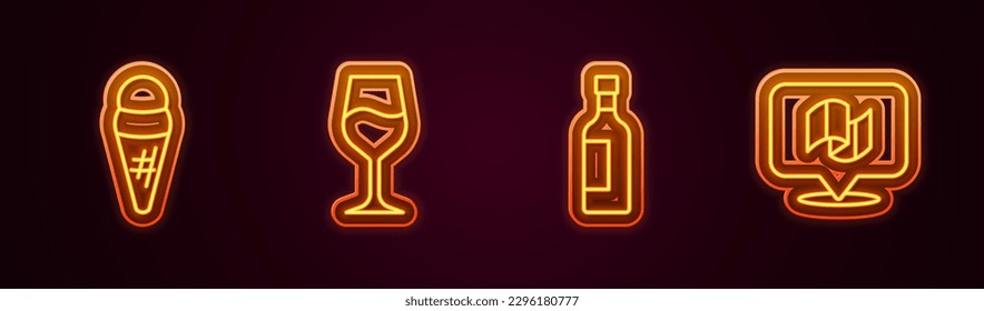 Set line Ice cream in waffle, Wine glass, Bottle of wine and Flag Italy. Glowing neon icon. Vector