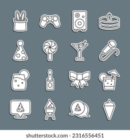 Set line Ice cream in waffle cone, Cocktail, Microphone, Stereo speaker, Lollipop, Party hat, Magician and rabbit ears and Martini glass icon. Vector