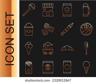 Set line Ice cream in waffle cone, Fried sausage, Pizza, Bag or packet potato chips, Cracker biscuit, Popcorn box, Lollipop and Grilled shish kebab icon. Vector
