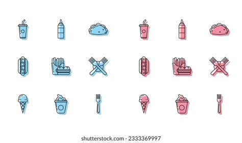 Set line Ice cream in waffle cone, Paper glass with drinking straw and water, Fork, Burger french fries carton package, Crossed fork, Hotdog sandwich mustard and Sauce bottle icon. Vector