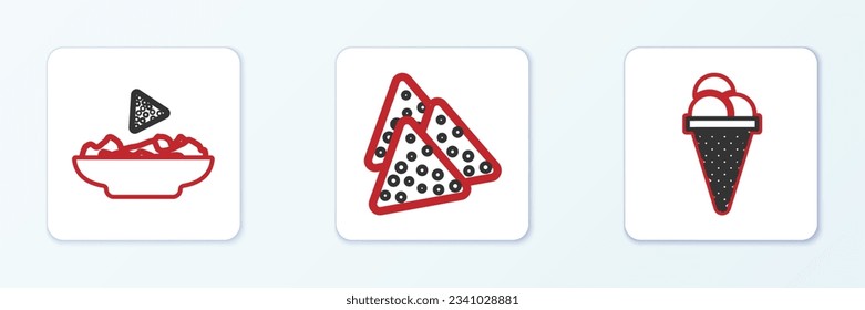 Set line Ice cream in waffle cone, Nachos plate and  icon. Vector